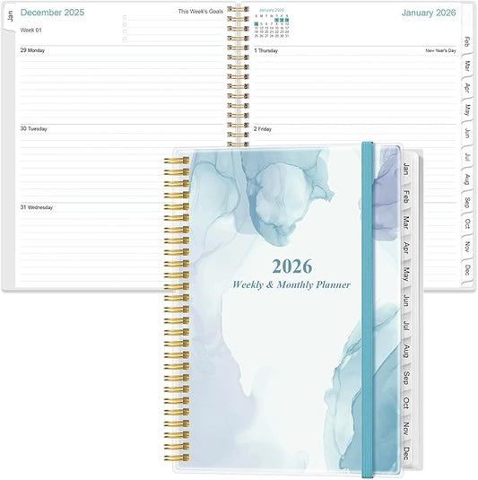2026-2027 Planner - Planner 2026-2027 from July 2026 - June 2027 with 12 Monthly Tabs, Flexible Cover, Inner Pocket, 8.5" x 11", Blue Watercolor