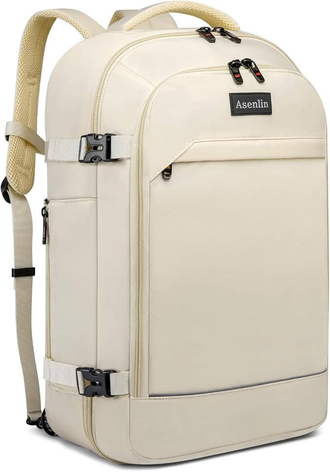 Asenlin Travel Backpack for Women Men,Flight Approved Carry On Luggage 40L Water Resistant Business Laptop Backpacks Fits TSA 17.3 Inch Computer College Weekender Outdoor Hiking-White