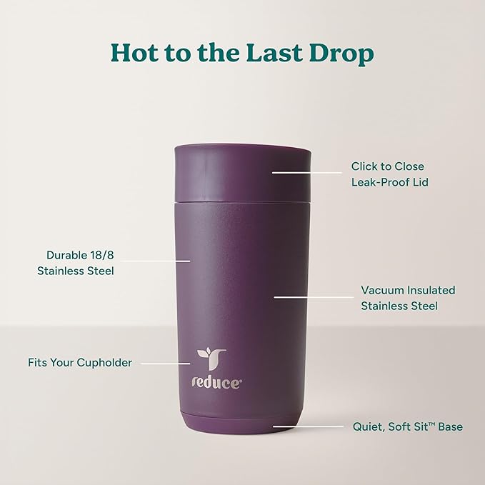 REDUCE Perk 10oz Insulated Coffee Tumbler – Leak-Proof with Lockable Lid and Vacuum Insulation–Durable Stainless Steel–Fits Car Cup Holders–One-Handed Travel Mug in Sand Leopard Print - Midnight Plum