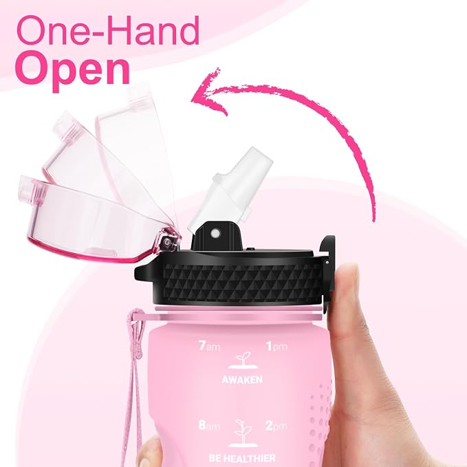 24 OZ Motivational Kids Water Bottle With Time Marker,Straw Lid,Leak Proof, Tritan BPA Free Sports Water Bottle Pink(1 Lid)