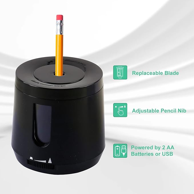 Bocyteopr Automatic Electric Pencil Sharpener, USB & Battery Operated, Adjustable Sharpening for Colored Pencils(6-8mm), for School/Classroom/Student(Black)
