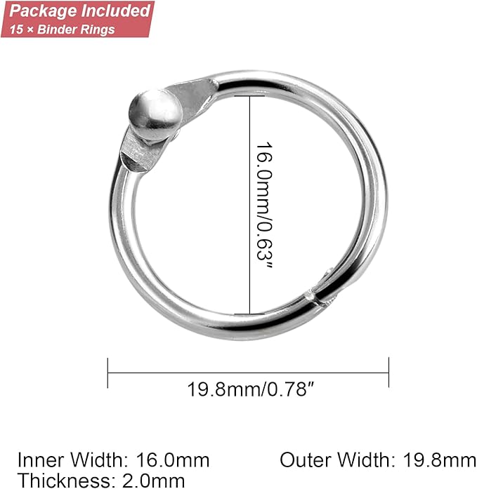 15 Pack 5/8" Mini Binder Rings Metal Loose Leaf Loop Book Ring for Flash Card Index, Silver, 16mm
