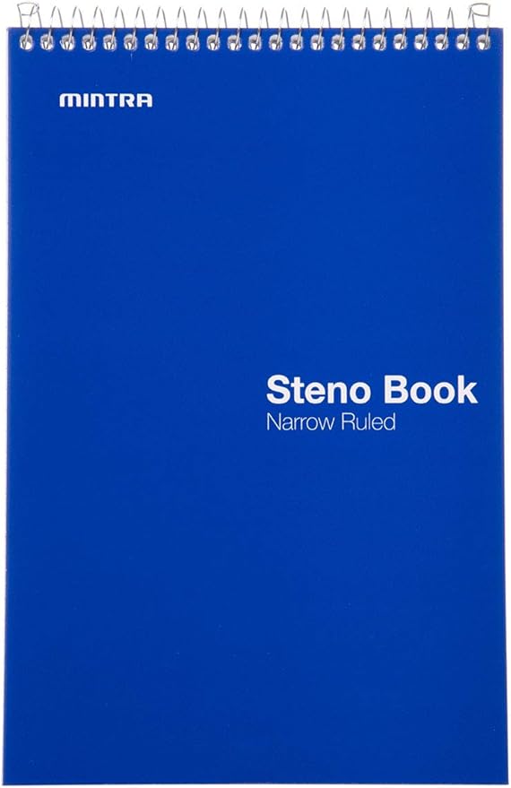 Mintra Office Steno Books Set - Top-Spiral Bound, Narrow Ruled, 70 White Sheets, Poly Primary Color Covered Notebooks for Office, Professional, School & Work, Note-taking, Writing Pads, 6"x9", 4 Pack