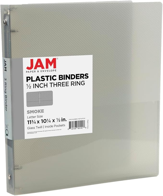 JAM PAPER Plastic 0.5 inch Binder - Smoke Grey 3 Ring Binder - Sold Individually