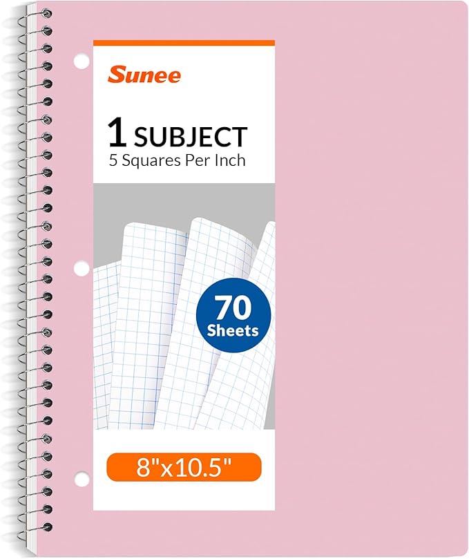 SUNEE Spiral Notebook, 1-Subject, Graph Ruled Paper, 8" x 10-1/2", 70 Sheets, 5 Squares per inch Spiral Grid Notebooks for Work, Home, School, Writing, Pink