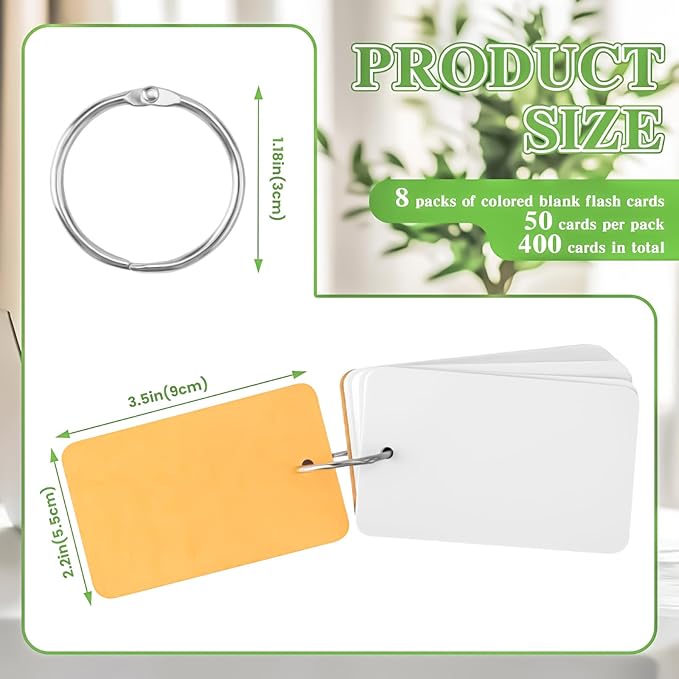 400 PCS Flash Cards 2 x 3 Inch Index Cards with Ring,Portable Blank Note Card Flashcards,Mini Blank Flash Cards White Note Pad 2 x 3 Index Study Notecards for School Office Supply
