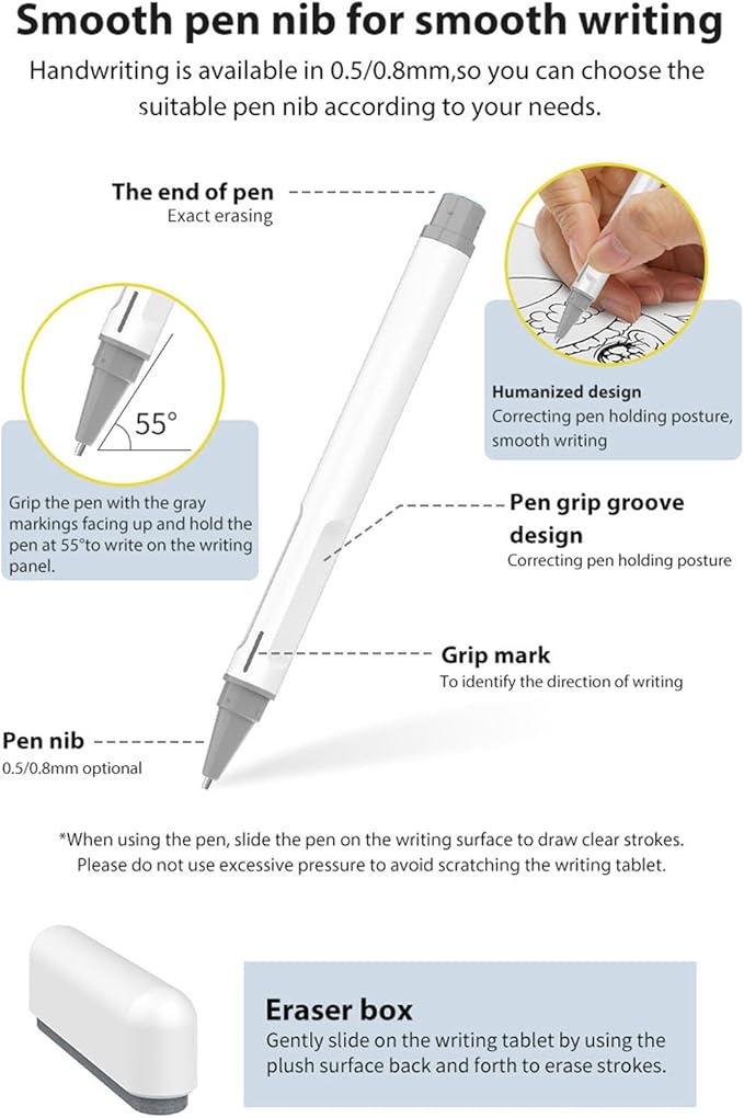 LCD Writing Pad with Instantly Erase, Basics Reusable Writing Pad, Digital Drawing Tablet, Includes Pen, Eraser, for Student Wokers.