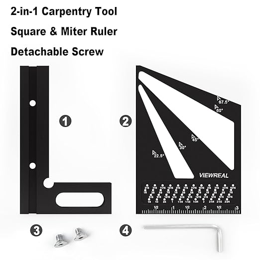 Multi-Angle Measuring Ruler,3D Woodworking Square, 22.5-90 Degree Aluminum Alloy Protractor for Precision Carpentry, Engineering & DIY Projects, Laser Etched, Durable, Portable - Black