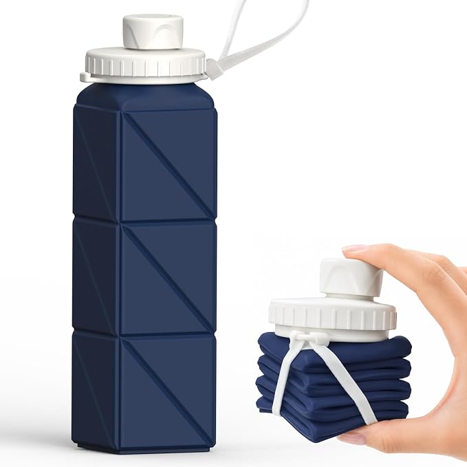 BEAUTAIL Collapsible Water Bottles 21oz/610mL, Silicone Travel Water Bottle | BPA Free, Leakproof & Reusable, Foldable Water Bottle for Traveling, Hiking, Gym, School, Sports, Outdoor, 1-Pack, Dark Blue