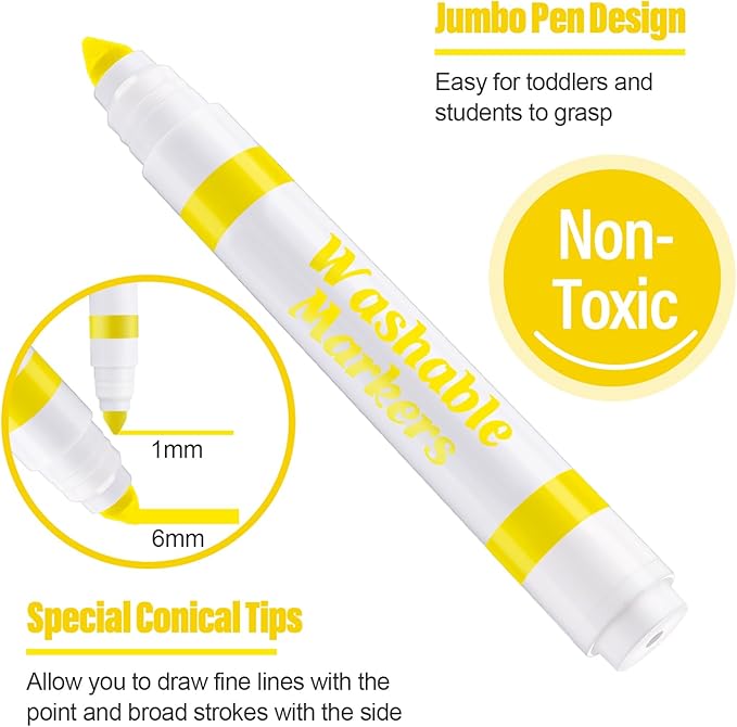 36 Pcs Yellow Washable Markers Bulk Coloring Broad Line Markers for Kids Conical Tip Drawing Pen for Christmas, School Supplies, Travel Art Baby Shower Gender Reveal Party Supplies, Ages 6+