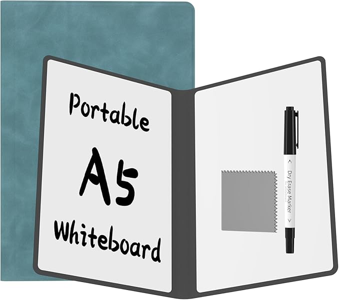 Portable Dry Erase Board,Reusable Whiteboard Notebook, Double-Sided White Board PU Cover 9.5"x6.6" with Marker,Wipe Cloth (Blue)