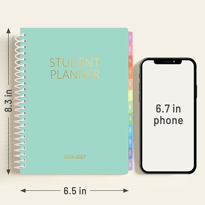 Student Planner 2026-2027, SUNEE Academic Weekly & Monthly Plan Book, Jul. 2026 - Jun. 2027, 6.5"×8.3" Middle & High School Planner, Lesson Plan Book with Week's Goals, Bookmark, Tabs, Mint Green