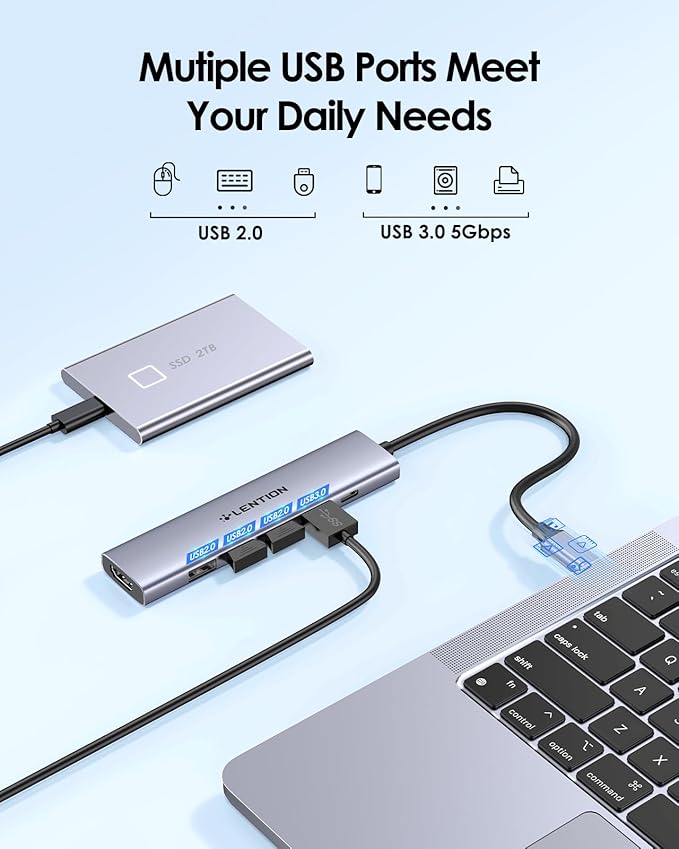 LENTION USB C Hub Multiport Adapter with 100W Charging, 4K HDMI, 4 USB-A Data Ports, Type C Hub for 2016-2026 MacBook Pro/Air/Neo, Surface, Chromebook, USB Splitter for iPhone 15-17 (CH17, Space Gray)
