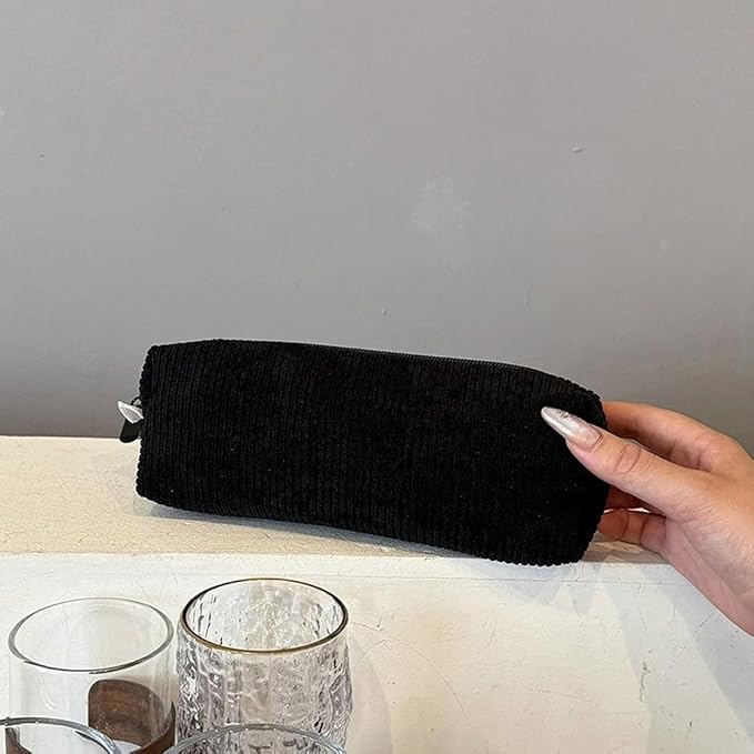 Corduroy Pencil Case for Girls Kids Large Capacity Aesthetic Pen Pouch Makeup Bag Cosmetic Organizer Cute Stationery Storage Bag for School Office Travel Minimalist Pencil Box (Black)