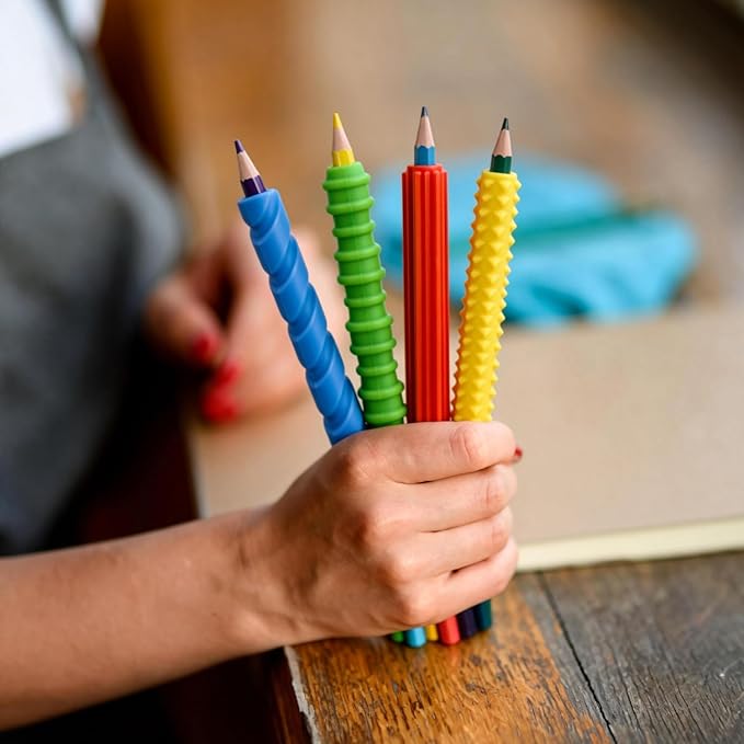Sequiay 4 Pcs Length Pencil Grips Handwriting, Textured Silicone Pencil Grip - ADHD Tools, Fidgets for Classroom Toy, Helps Ease Autism, Anxiety, and Stress (4 Colorful)