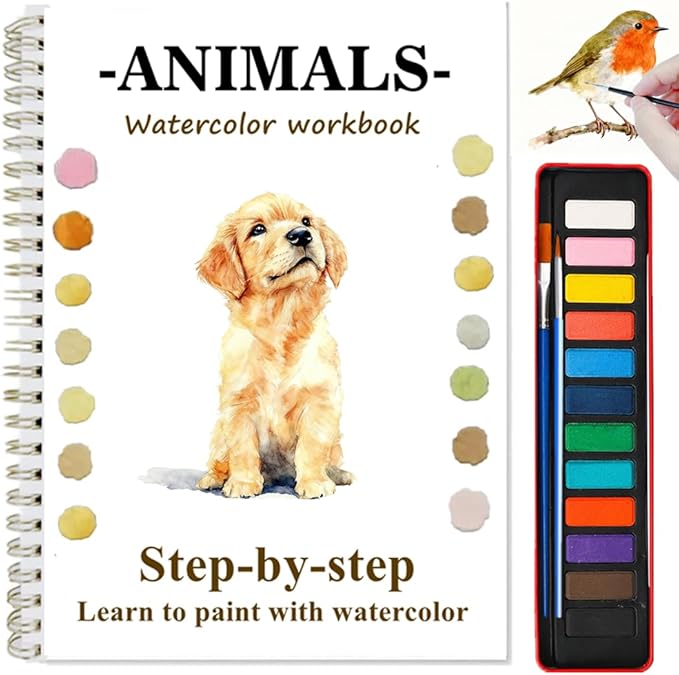 Watercolor Workbooks with Sketches, Beginner Friendly Water Coloring Book Watercolor Paint Set Art Crafts Painting Kit Gift for Adults, Any Level Artist (Animals, with Paint Set)