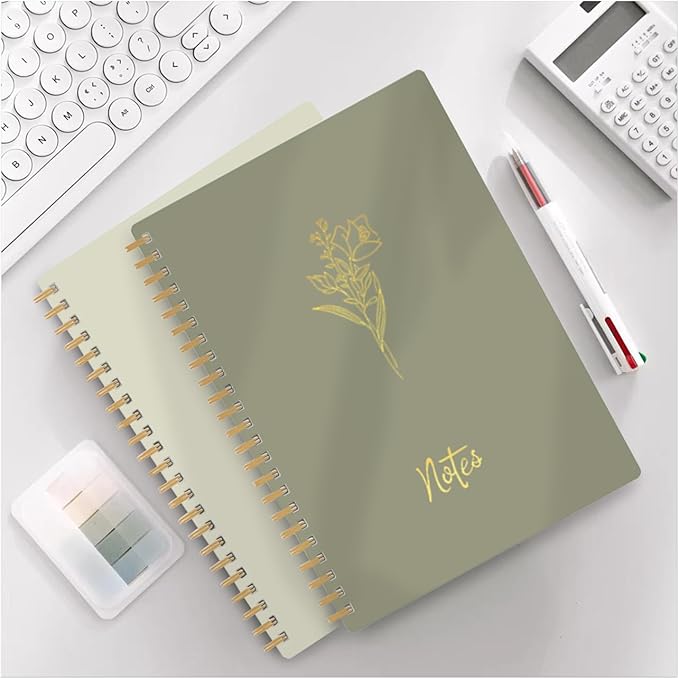 Prelady Spiral Notebooks for Women, 2 Pack College Ruled Wirebound Notebooks with Gold Floral Design, Aesthetic Journaling Notebooks for Writing, School, Work, Office Supplies (Beige/Sage)