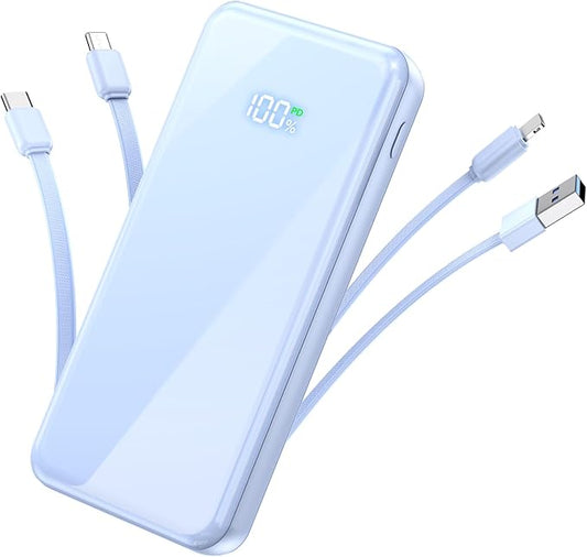 Portable Charger,50000mAh Power Bank Built-in Cable, 22.5W PD USB C In & Out Fast Charging, External Battery Pack with 6 Output & 2 Input, Travel Camping Essential for iPhone 17/16/15/14/13/12(Blue)