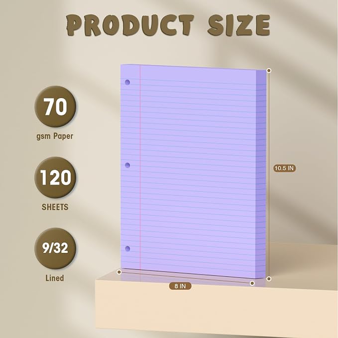 120 Sheets Purple 8x10.5 Inch Loose Leaf Paper, College Ruled Filler Paper, 3 Hole Punched Notebook Paper for 3 Ring Binder, Premium Notebooks Paper for Students & Teachers, Office & School Supplies