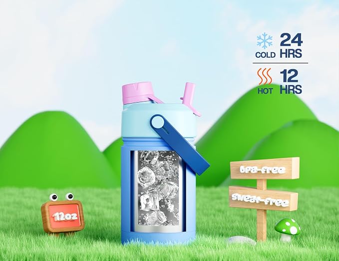 12 oz Kids Insulated Water Bottle for School: 2-in-1 Straw Spout Lid, Leakproof, BPA-Free, Keep Cold 24H, Reusable Stainless Steel Cup for Travel, Camping, Birthday Gift for Boys Girls (Ohana Blue)