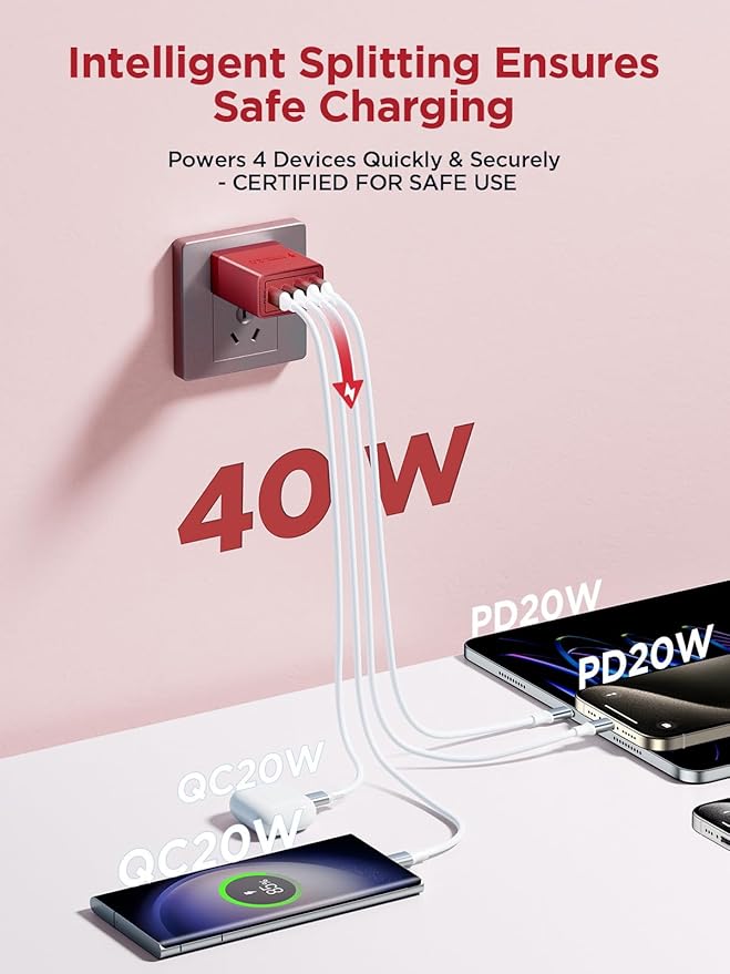 USB C Charger Block, 40W iPhone Charge Blocks Wall Charger 4-Port PD Power Adapter + QC Wall Plug Multiport Type C Charging Block Cube for iPhone 16 15 14 13 12 11 Pro Max XR XS 8 7