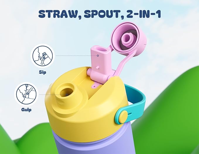 12 oz Stainless Steel Water Bottle for Girls: 2-in-1 Straw Spout Lid, Leakproof, BPA-Free, Cold 24H, Car Cupholder Friendly, Cute Insulated Cup for School, Play, Birthday Gift for Kids (Tangled Shine)