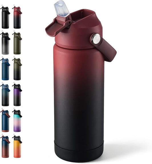Fijinhom 18 oz Insulated Water Bottle with Straw Lid, Stainless Steel Water Bottles, Double Wall Vacuum, Portable Handle & Non-slip Bottom, BPA Free Leak Proof Metal Bottles, Keep Cold 24H, Red/Black