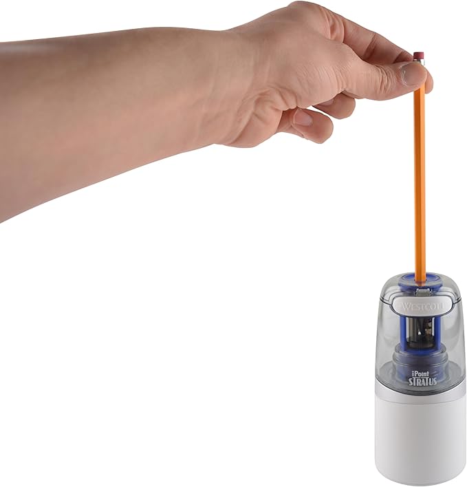 Westcott 17794 iPoint Stratus Battery Pencil Sharpener with Titanium-Bonded Blades and Pop-Top Canister for School, Office, and Home, Assorted Colors