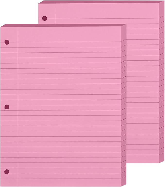 Loose Leaf Paper, 2 Pack 100 Sheets, Wide Ruled, 8" x 10.5", Reinforced Notebook Papers College Ruled, 3 Hole Punched, College Lined Filler Paper for 3 Ring Binder Notebook, School & Office, Pink