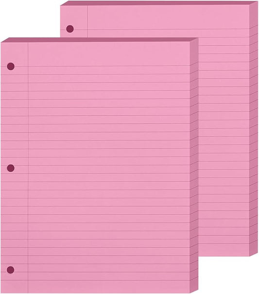 Loose Leaf Paper, 2 Pack 100 Sheets, Wide Ruled, 8" x 10.5", Reinforced Notebook Papers College Ruled, 3 Hole Punched, College Lined Filler Paper for 3 Ring Binder Notebook, School & Office, Pink