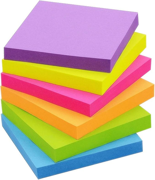 Winner Aura 3x3 Inch Bright Colors Self-Stick Sticky Notes, 6 Pack, 100 Sheets per Pad, Total 600 Sheets