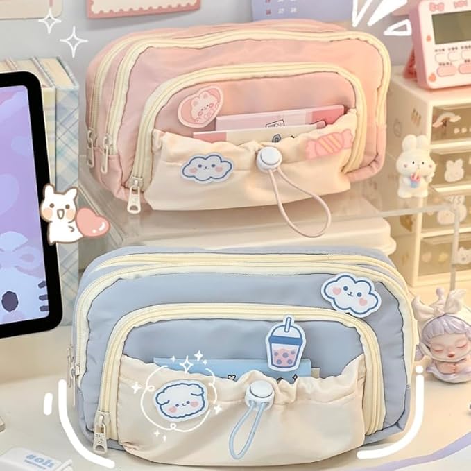 Cute Aesthetic Pencil Case Kawaii Pencil Case with Kawaii Pins Large Pencil Pouch Holder Preppy Supplies (pink)