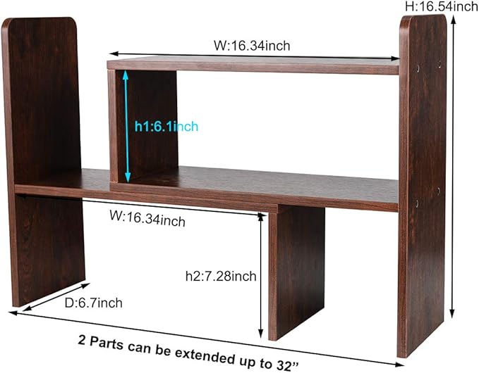 PAG Desk Organizer Desktop Shelf Adjustable Countertop Bookshelf Small Table Shelves Book Organizer Office Organization for Desk, Antique Brown