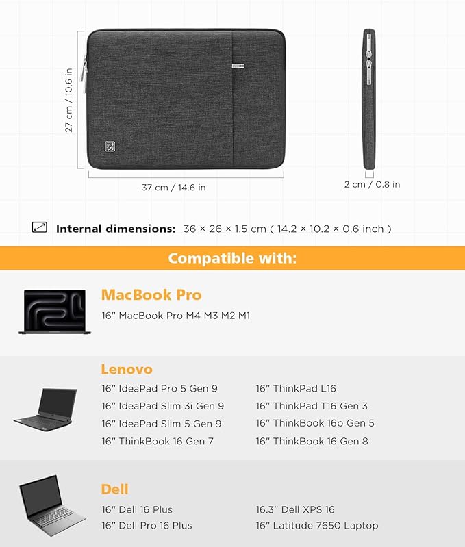 NIDOO Laptop Sleeve 16 inch Computer Carrying Case Cover for 16" Thinkbook 16p/ T16 Gen 3/ E16 Gen 2/ L16 / T16 Gen 3/16" MacBook Pro M4 M3/ Dell 16 Plus HP ASUS Samsung