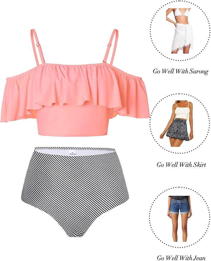 Kaei&Shi High Waisted Flounce Bikini Set,Tummy Control Swimsuits for Women,Off Shoulder