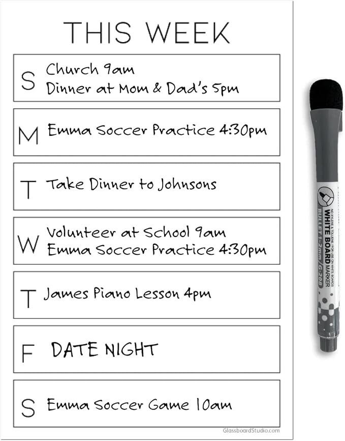Dry Erase Weekly Calendar Planner Sticker Decal | Removable & Reusable | Magnetic Fine-Tip Marker Included (6 x 9 inches, White)