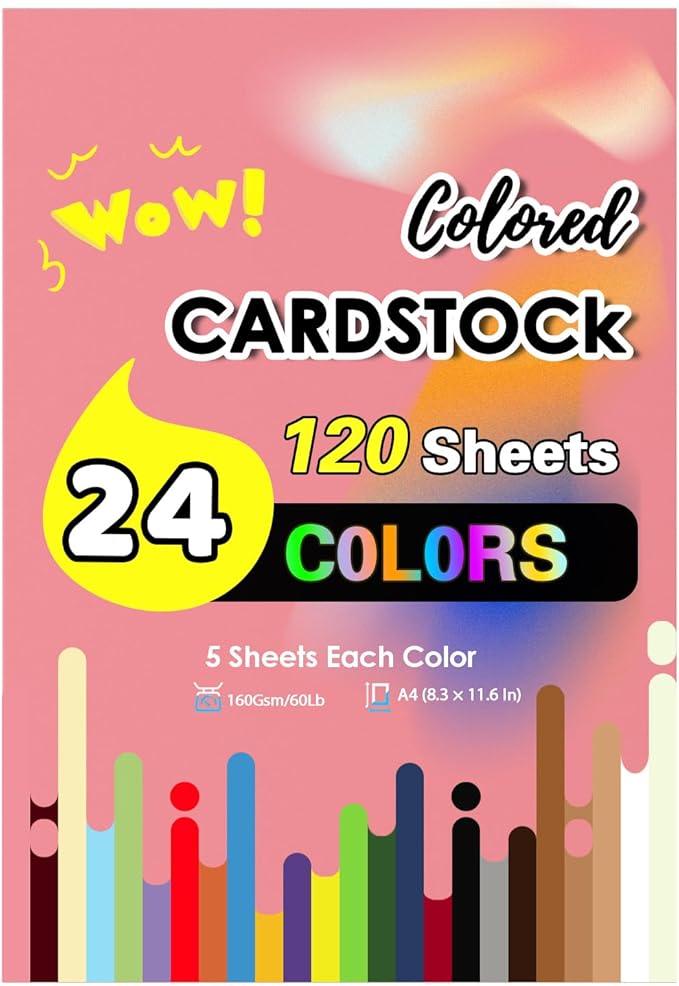 Colored Cardstock Paper 120 Sheets, 160 Gsm 60 Lb Card Stock 24 Colors Assorted, Colored Construction Paper Thick for Printing Cutting DIY A4 1 pack