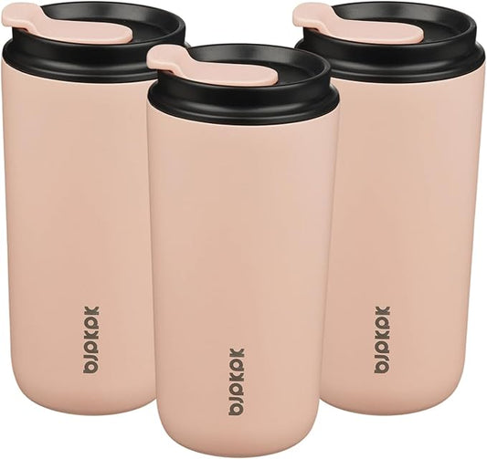BJPKPK 3 Pack 16oz Travel Coffee Mugs, Insulated Stainless Steel Tumblers with Leak-Proof Lids, BPA Free, Dishwasher Safe Bulk Tumbler Set for Gifts & Daily Use,Peach