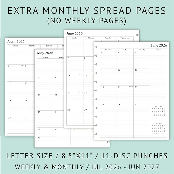 2026-2027 Weekly Planner Refills for 11-Discbound Notebooks, Jul 2026 to Jun 2027, Monthly Tabs, 11-Disc Punches, Letter Size, 8-1/2" x 11"