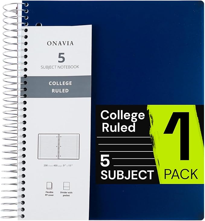 ONAVIA Spiral Notebook for School, 5 Subject, College Ruled Paper, 200 Sheets, 9" x 11", 5 Dividers with Pockets, 3 Hole Punched Perforated, Plastic Cover, Lined Journal, School Supplies,Prussian Blue