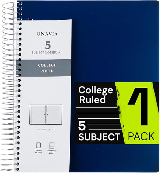 ONAVIA Spiral Notebook for School, 5 Subject, College Ruled Paper, 200 Sheets, 9" x 11", 5 Dividers with Pockets, 3 Hole Punched Perforated, Plastic Cover, Lined Journal, School Supplies,Prussian Blue