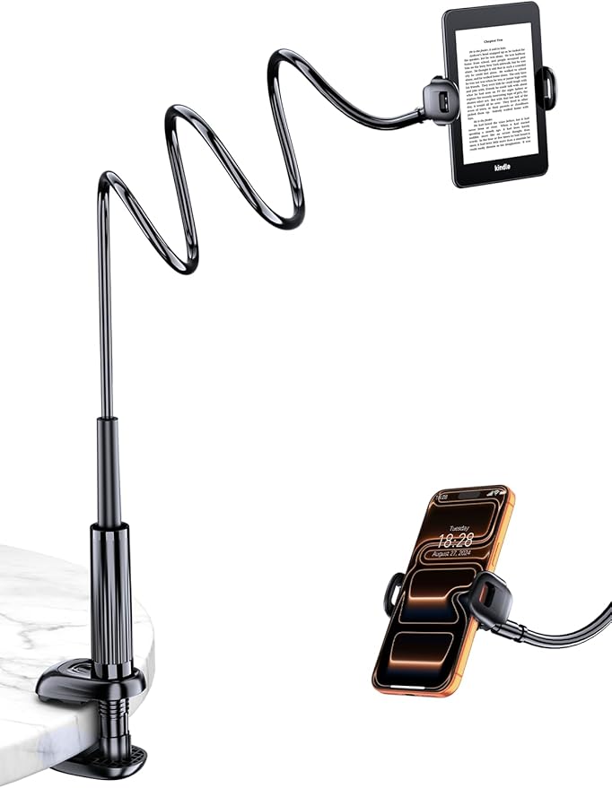 Gooseneck Kindle & Phone Holder for Bed: Flexible Long Arm Clamp Mount for Hands-Free Reading, Bedside Desk Headboard Stand, Compatible with iPhone 17 Pro Max Kindle Kobo & 4.7–8.6 Inch Devices