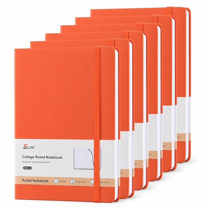 SUIN Hardcover-Journal-Notebooks, A5 Lined Journals Notebook for Writing 200 Pages, 8.2 x 5.5 inch, Classic Ruled Notebooks for Work/Travel/College (Orange- 6 Pack)