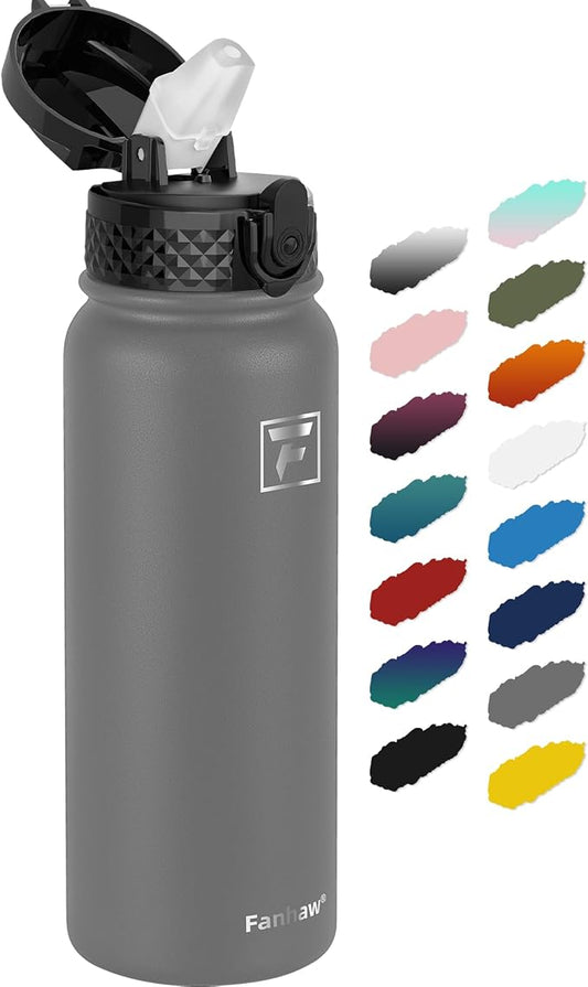 Fanhaw 20 Oz Kids Insulated Stainless Steel Water Bottle with Straw Lid, Leakproof & Anti-Dust Everyday Use Bottle for School, Women & Men, Back to School Essentials (Gray)