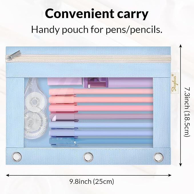 SKYDUE Pencil Pouch for 3 Ring Binder, 9.8" x 7.3" Clear Window Pencil Bag | Zipper Pencil Pouches for Girls Boys, Pencil Pouch with 3 Reinforced Grommets, Durable Organizer for School Supplies