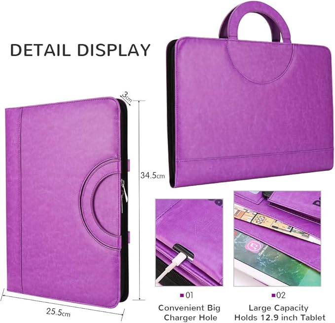 Darolin Vegan Leather Padfolio Portfolio with Handle & Clipboard, Zippered Business Portfolio Organizer for Meetings, Interviews & Travel, Fits A4 & Letter Size, Padfolio for Men Women (Purple)