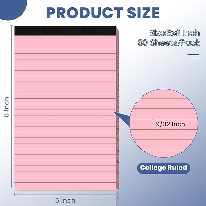 Ciphyfee 12 Pack Notepads 5x8, Small Legal Pads Narrow College Ruled, 30 Sheets/Pack, Perforated Notebook - Colored Note Pads for School, Note Taking, Teacher & Office Supplies, Writing Pads of Paper