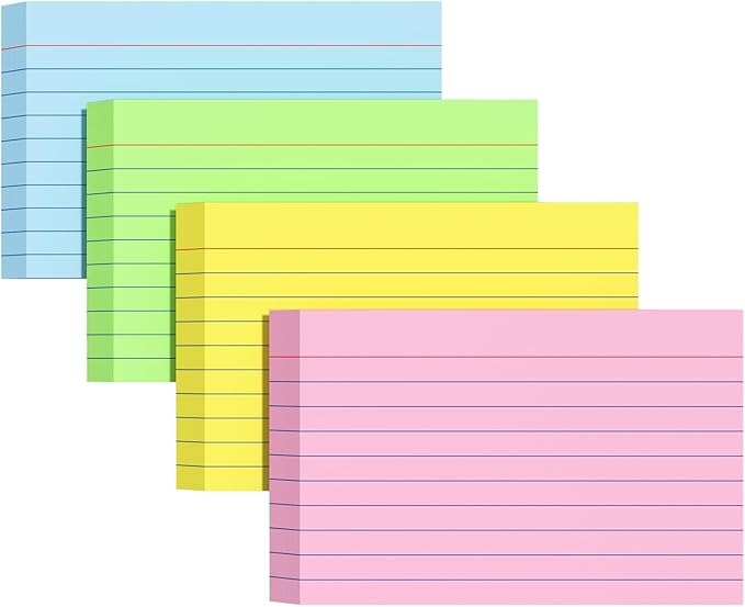 Index Cards 4x6, Colored Flash Cards, Lined Flashcards Notecards, Note Cards for Studying, 180GSM Study Card, 200 Count, 4 Pack of 50