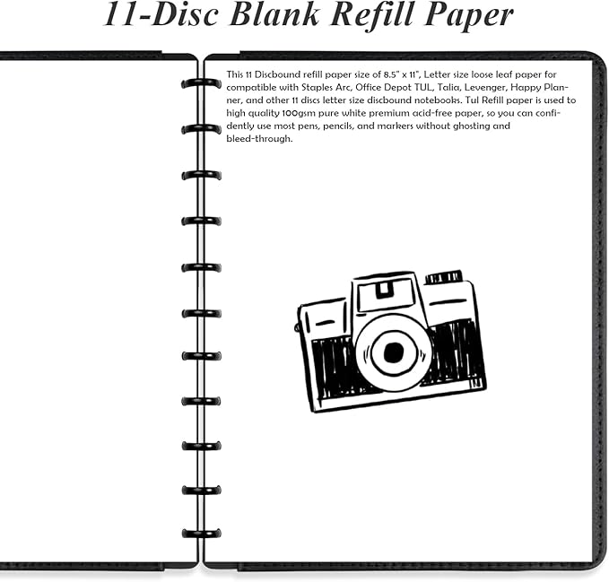 Letter Size Blank Refill Paper, 11-Disc Discbound Blank Paper, 100Sheets / 200Pages TUL Blank Filler Paper, 100gsm White Paper, 8.5'' x 11''