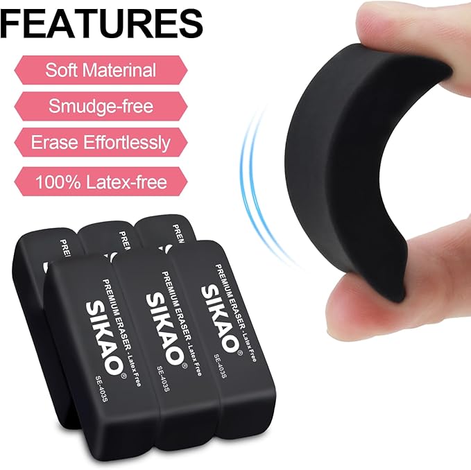 Black Erasers, 6 Pack Pencil Erasers for Kids – Latex-Free & Smudge-Free Beveled Rubber Erasers for School Supplies, Classroom, Office & Homework